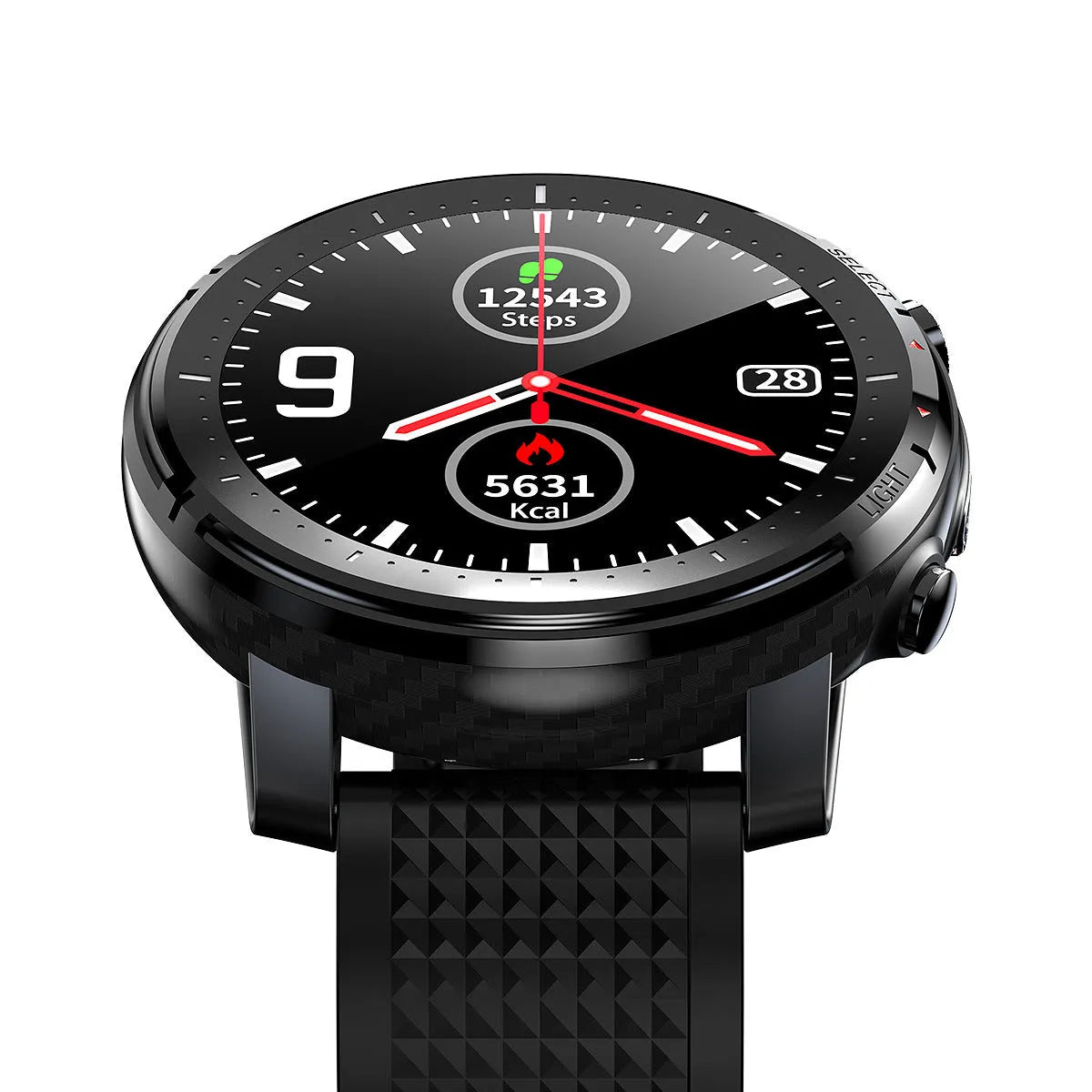 IP68 waterproof Android smart watch with 1.3-inch round dial and black silicone strap