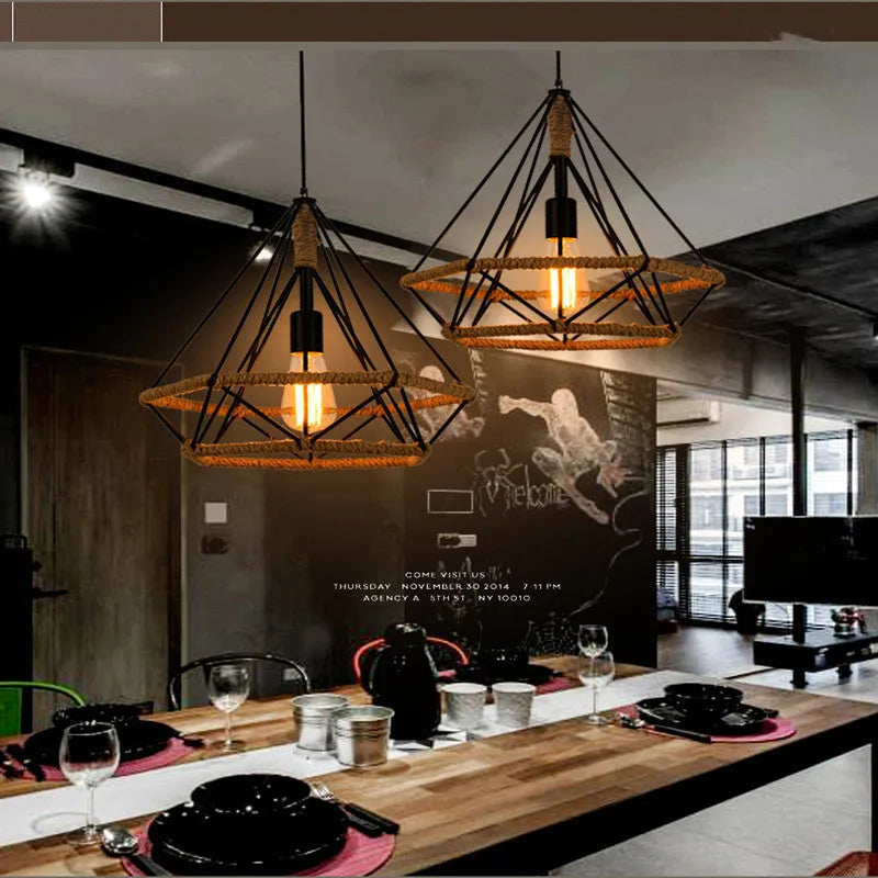 Rustic twine wrapped iron chandelier with adjustable height, 25cm diameter model shown