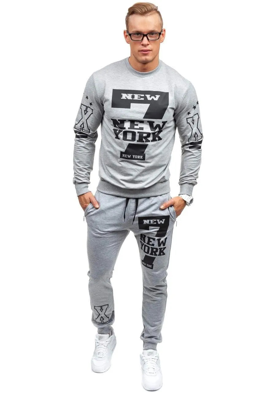 Men's cotton knitted tracksuit set in grey with long sleeve top and sweatpants