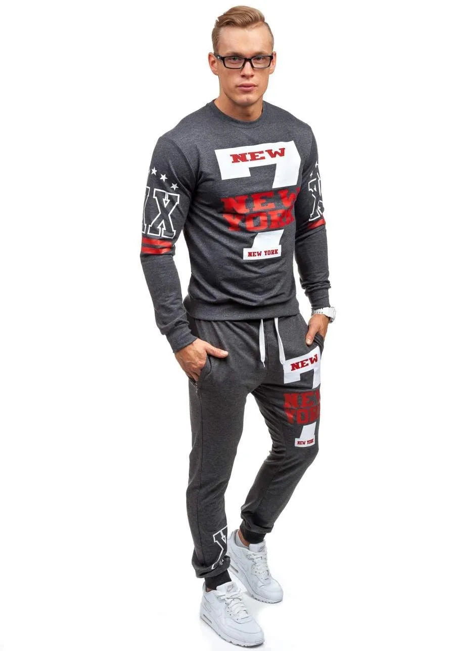 Men's cotton knitted tracksuit set in grey with long sleeve top and sweatpants