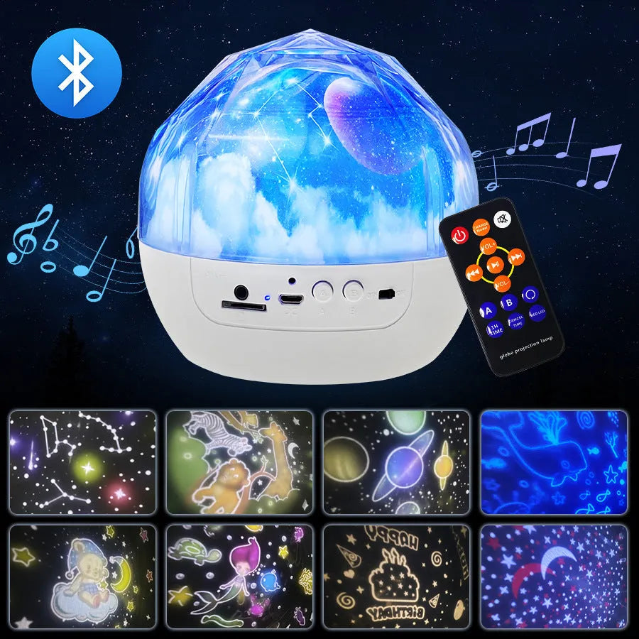 Starry sky projector lamp projecting cosmic patterns with battery power and cartoon plastic housing