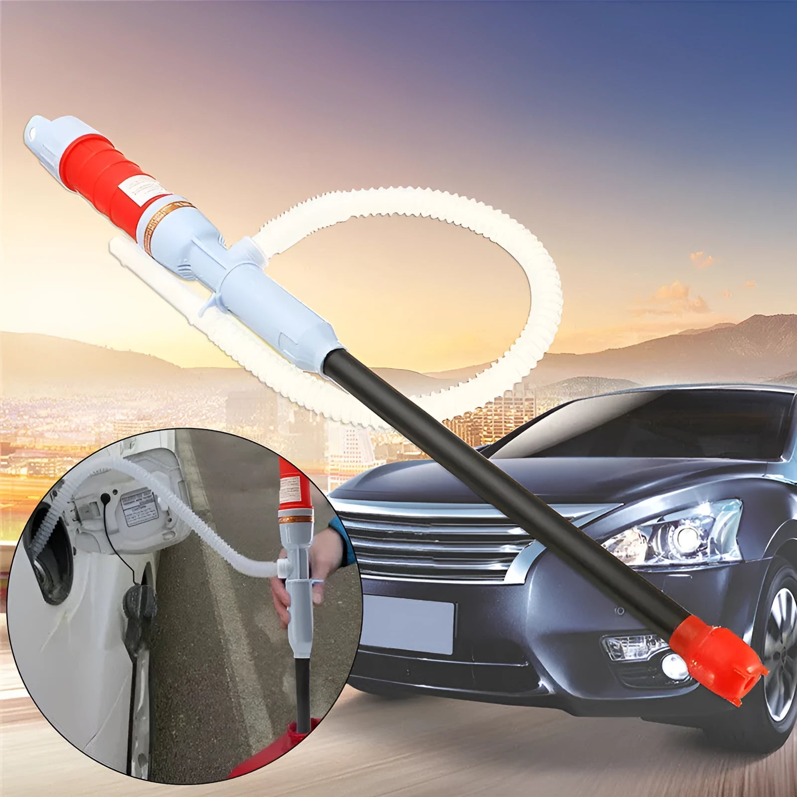 Manual fuel transfer siphon pump in blue or red colour made of PP material