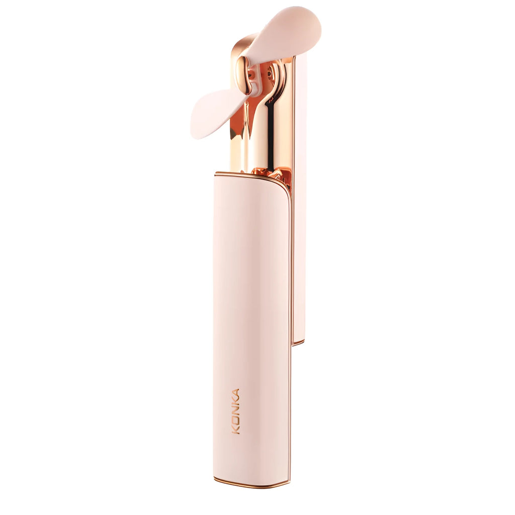 Pink portable folding fan with two-speed controls and USB charging port