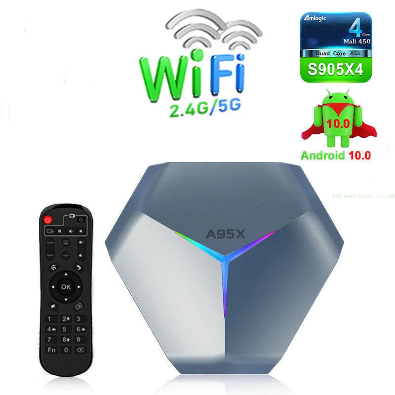 Android Smart TV Box 8K Media Player with remote control and cables on a table