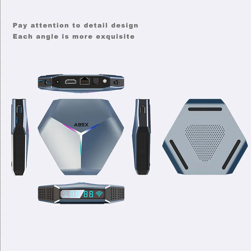 Android Smart TV Box 8K Media Player with remote control and cables on a table