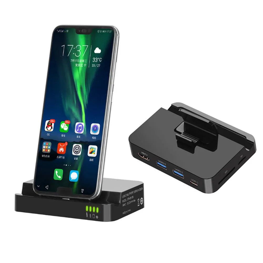 Black base mobile phone to HDMI converter dock with USB-C input for HD display connections