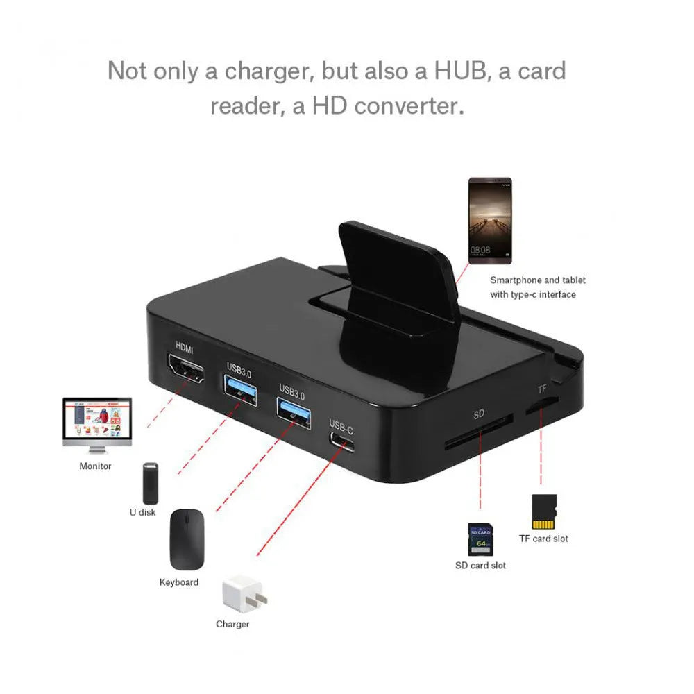 Black base mobile phone to HDMI converter dock with USB-C input for HD display connections