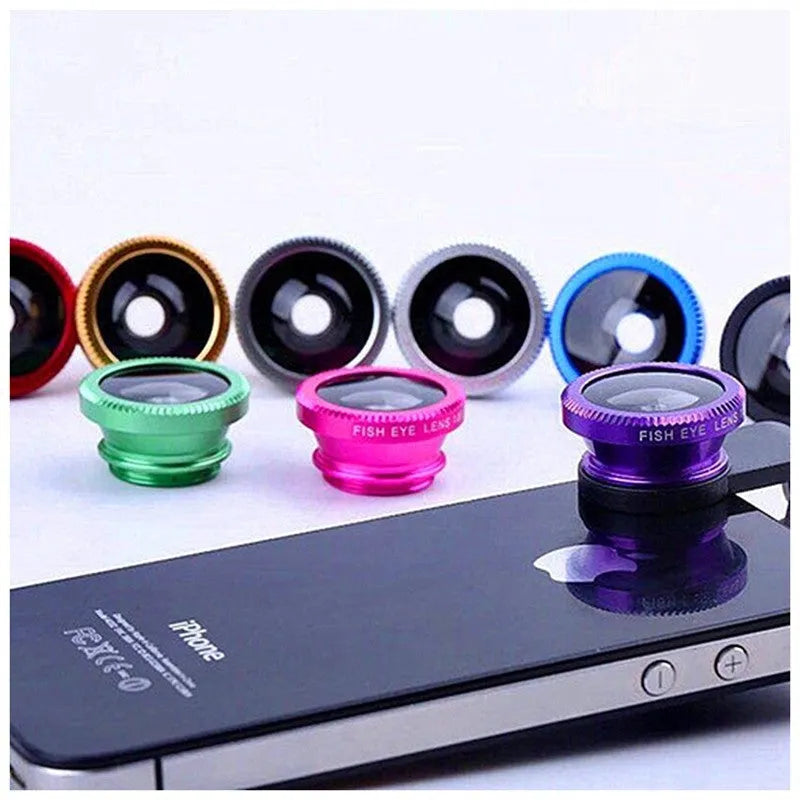 3-in-1 smartphone camera lens kit with fisheye, wide-angle and macro lenses in aluminium housing
