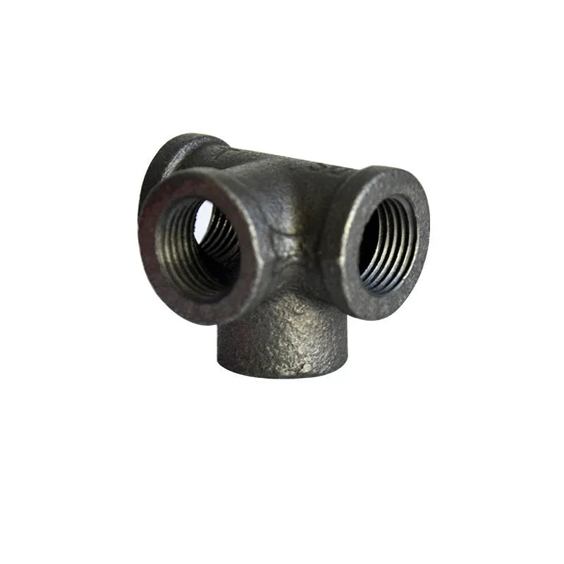 Malleable steel galvanized four-way corner pipe fitting in DN15 size on white background