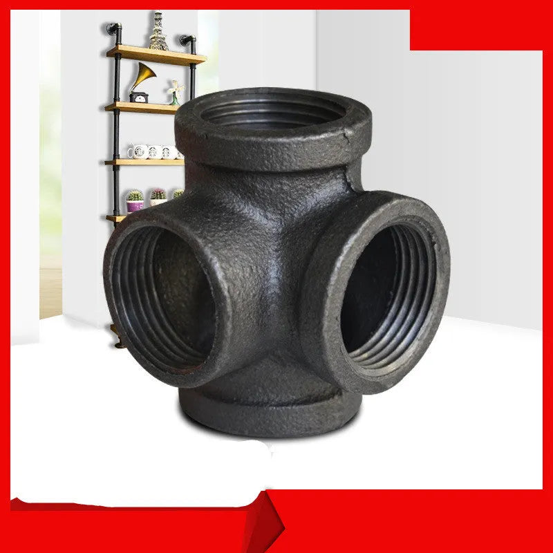 Malleable steel galvanized four-way corner pipe fitting in DN15 size on white background
