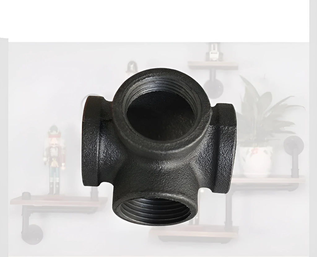 Malleable steel galvanized four-way corner pipe fitting in DN15 size on white background