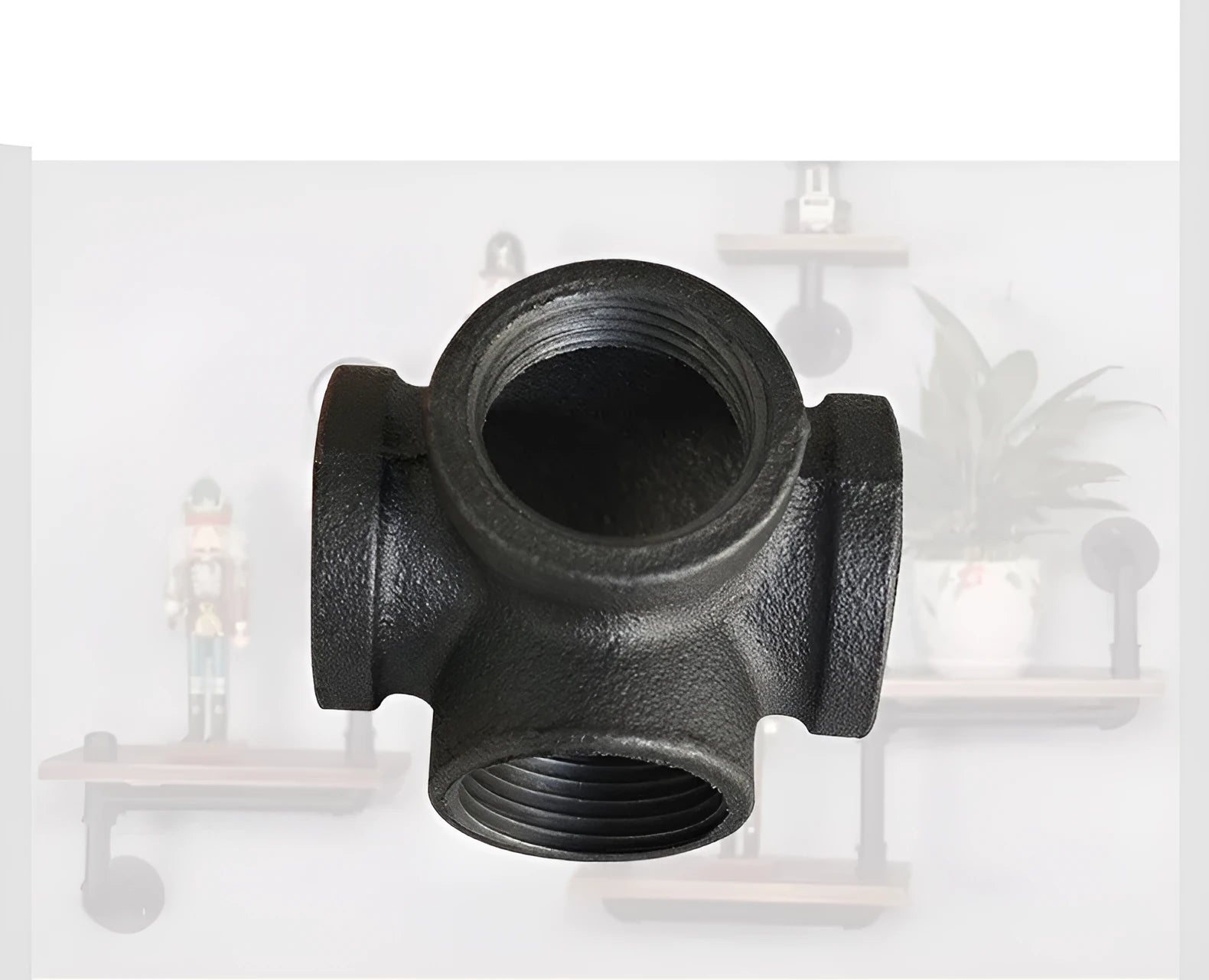 Malleable steel galvanized four-way corner pipe fitting in DN15 size on white background