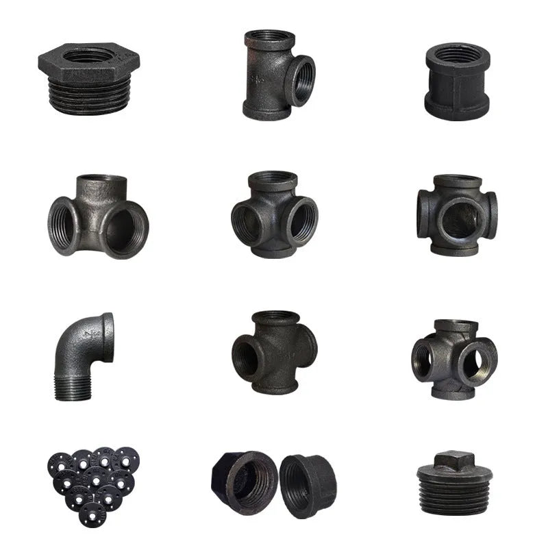 Malleable steel galvanized four-way corner pipe fitting in DN15 size on white background
