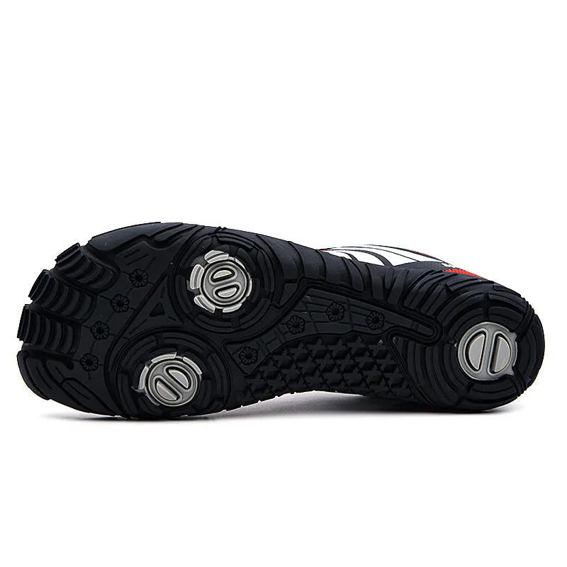Men's quick-drying mesh outdoor wading shoes in red, black, or orange with rubber sole