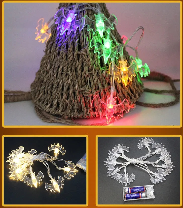 Halloween LED string lights with pumpkin, ghost and bat pendants on white cord