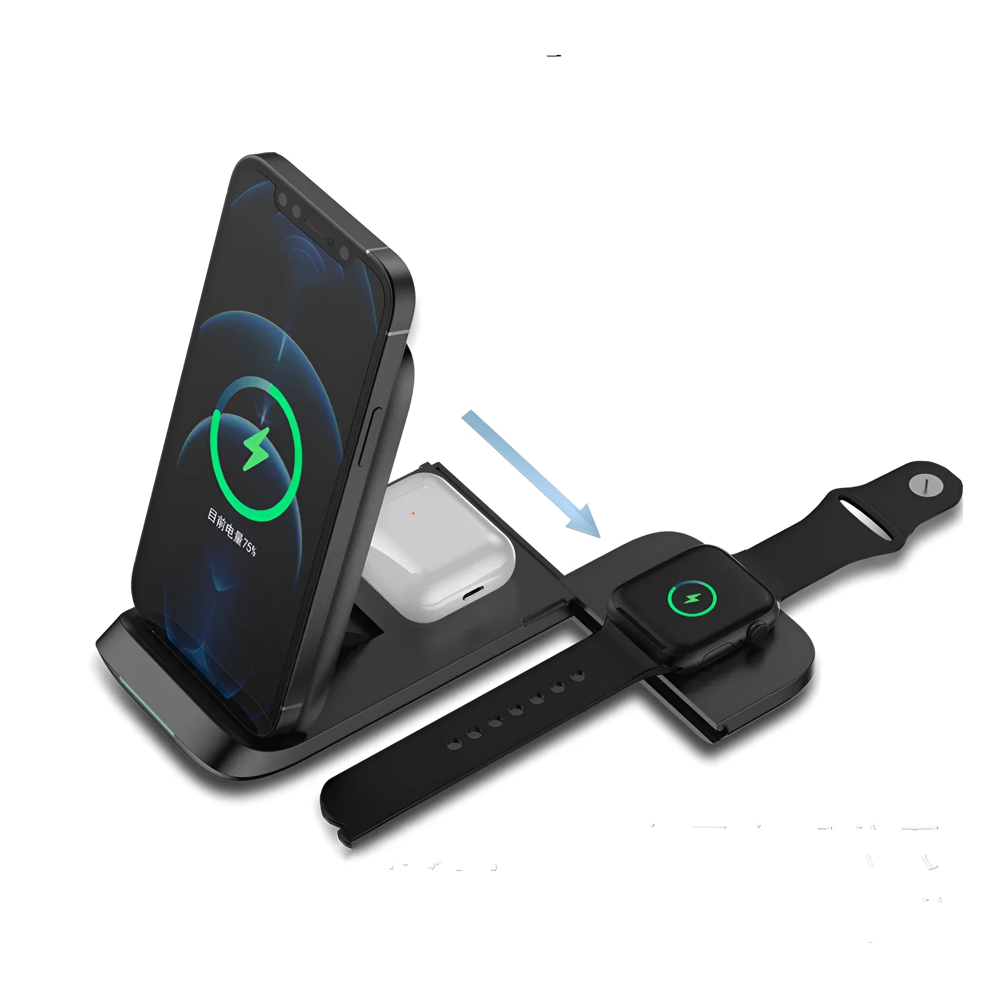 Foldable 3-in-1 wireless charging station showing charging surfaces for iPhone, AirPods, and Apple Watch