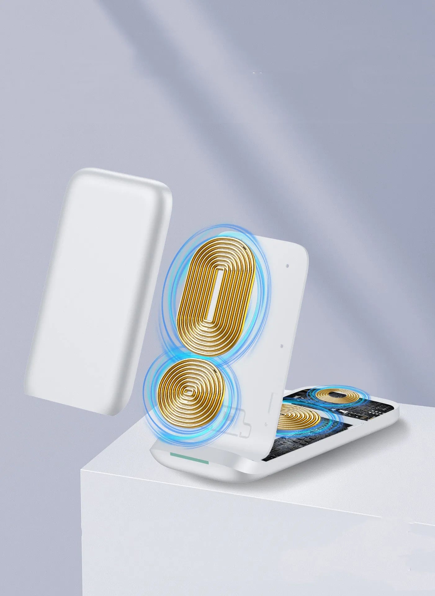 Foldable 3-in-1 wireless charging station showing charging surfaces for iPhone, AirPods, and Apple Watch
