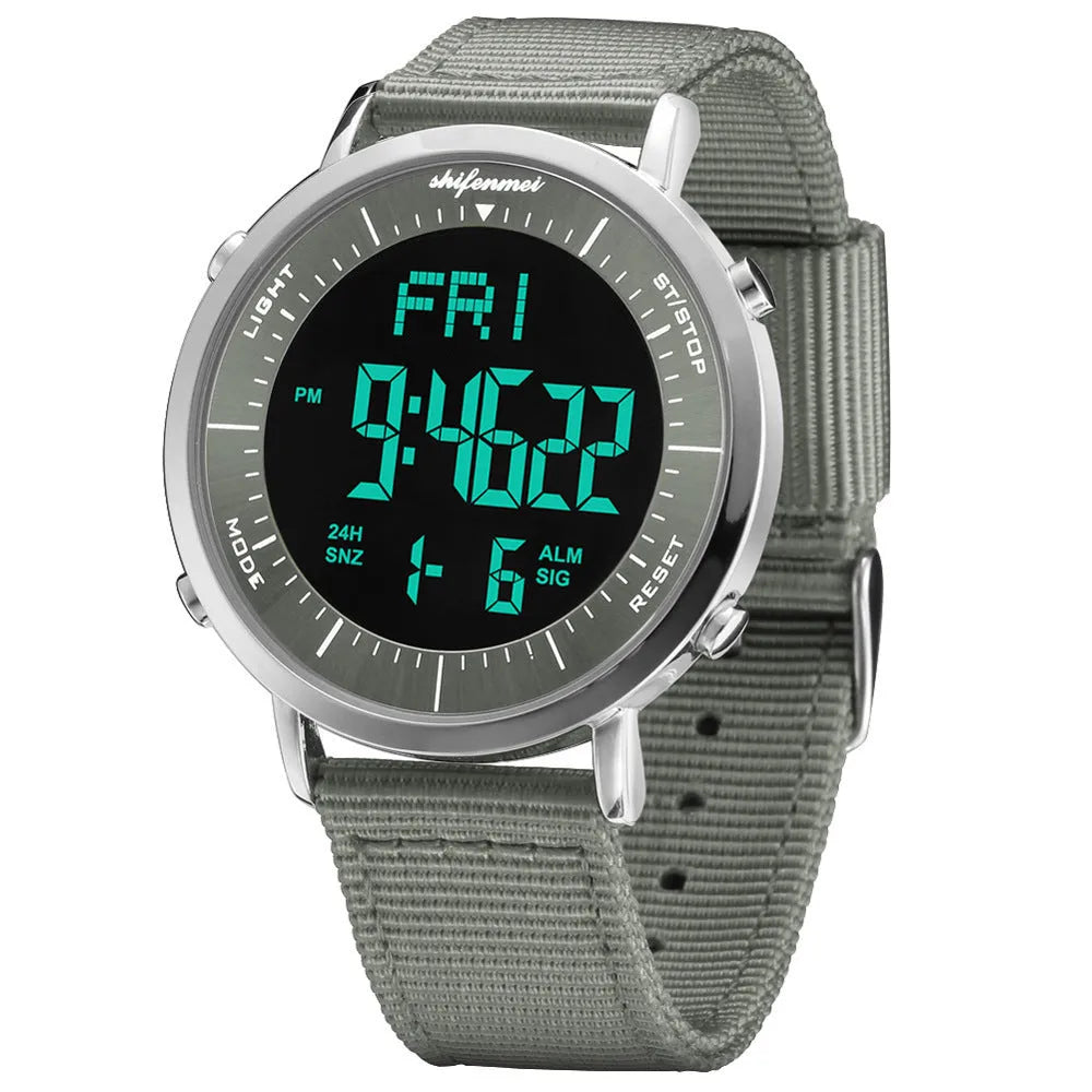 Shifenmei digital sports watch showing time on display, with 10m waterproof rating and casual style options.