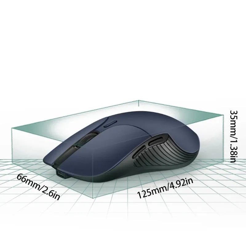 Blue wireless voice translation mouse with voice control buttons measuring 66x125x35mm