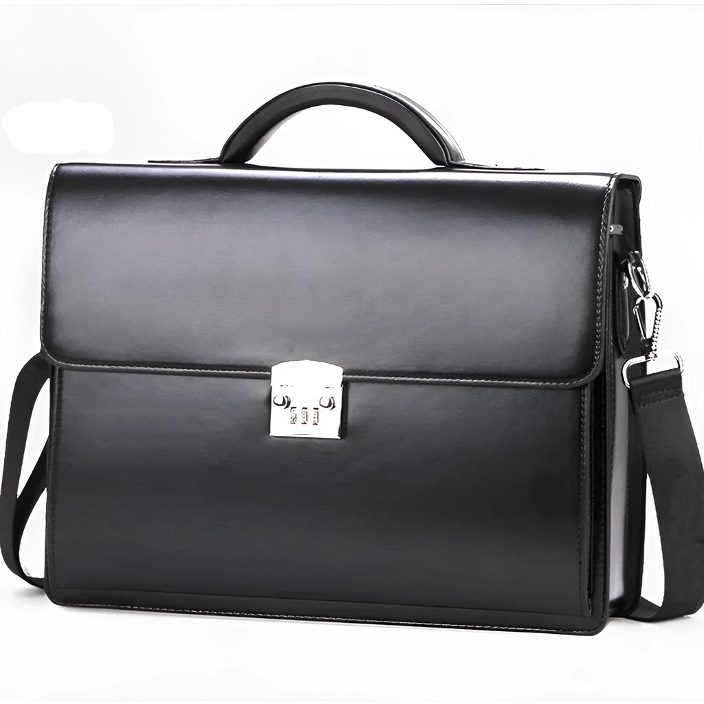 Men's black PU leather business briefcase with horizontal square shape and single strap handle