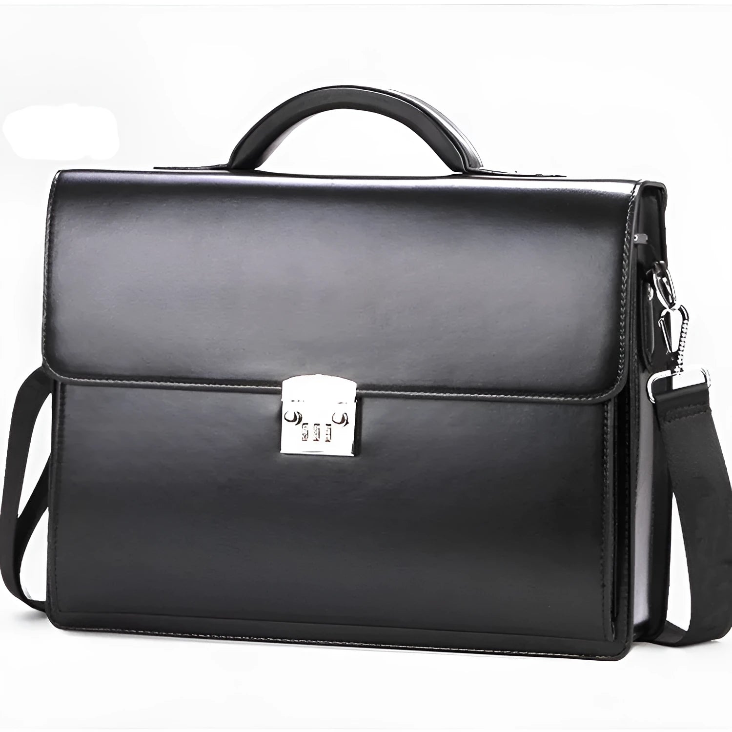 Men's black PU leather business briefcase with horizontal square shape and single strap handle