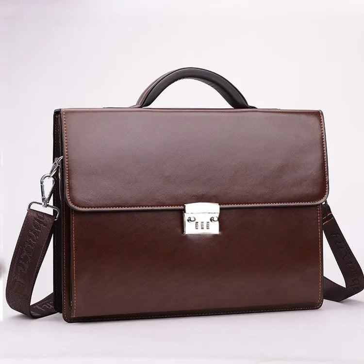 Men's black PU leather business briefcase with horizontal square shape and single strap handle
