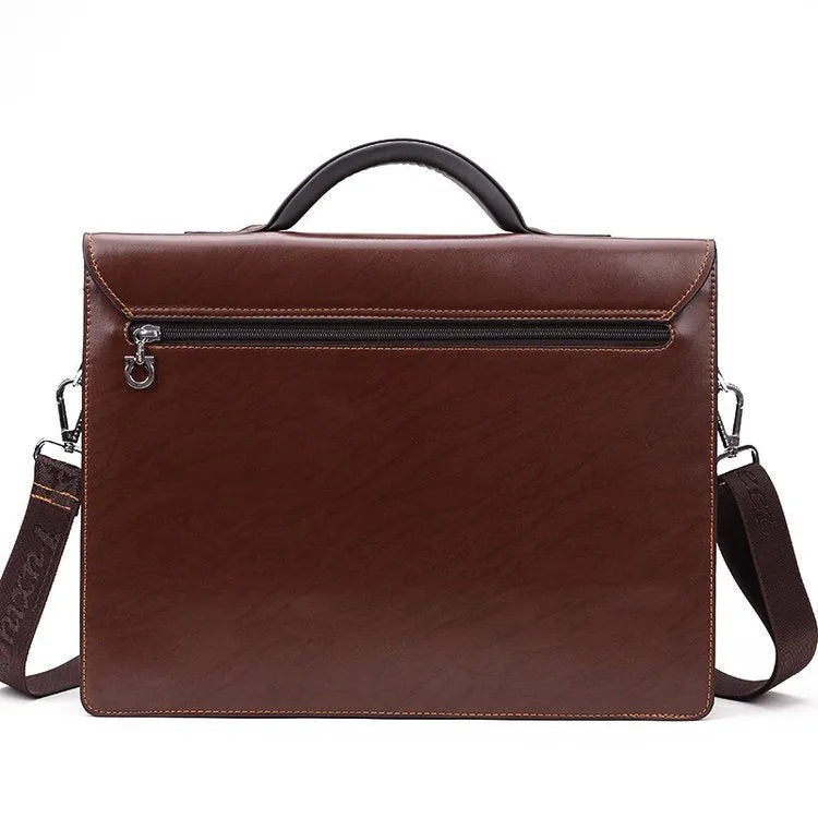 Men's black PU leather business briefcase with horizontal square shape and single strap handle