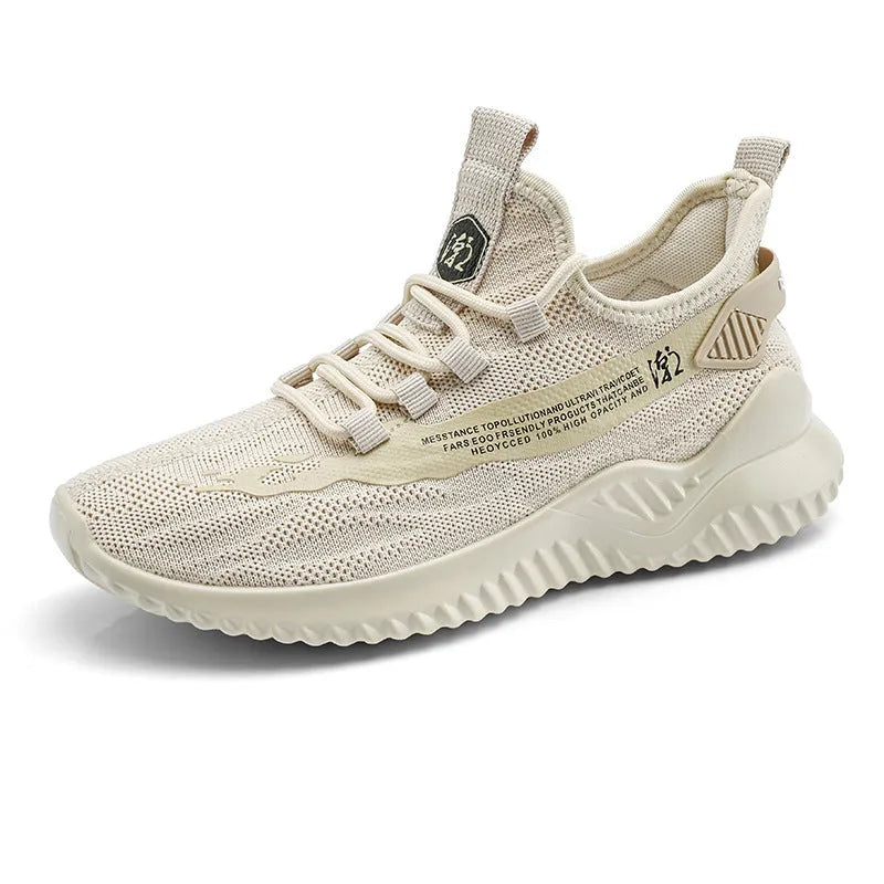Men's white mesh sports shoes with rubber soles showing round toe and front-tie design