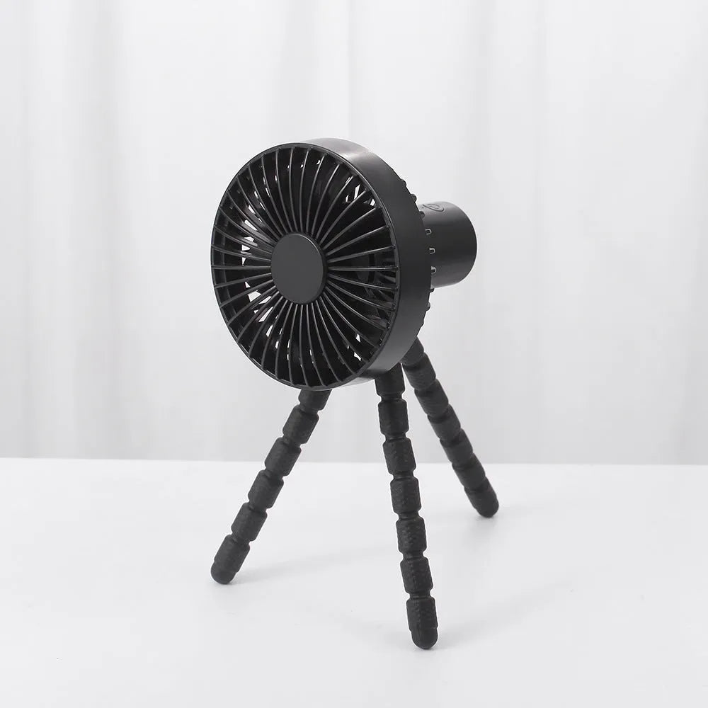 Black USB rechargeable tripod desk fan with adjustable bending neck on octopus base