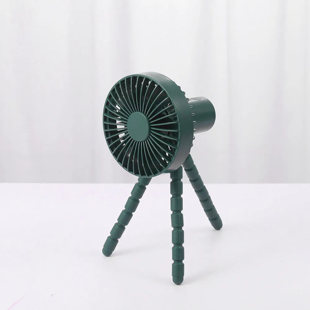 Black USB rechargeable tripod desk fan with adjustable bending neck on octopus base