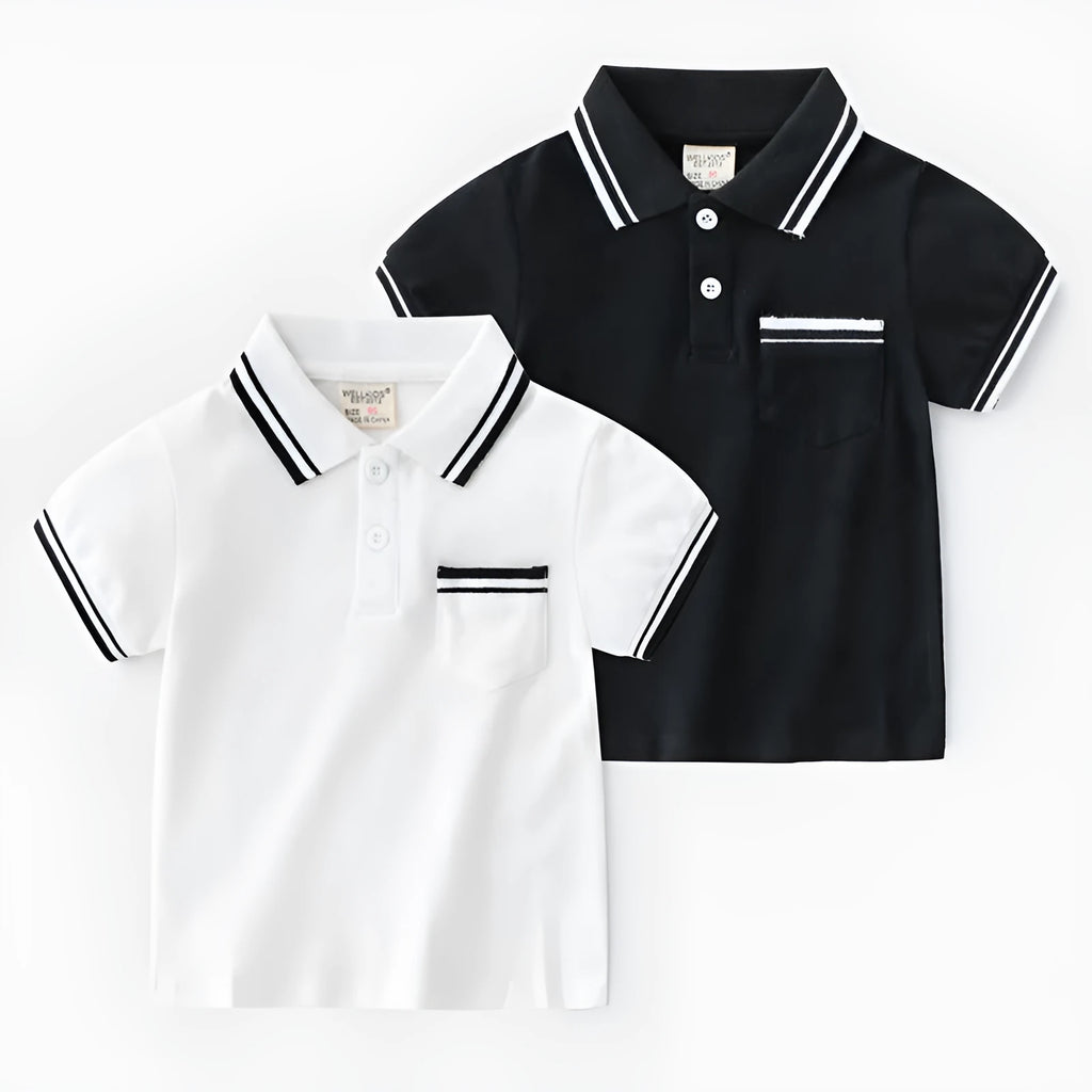 Boys white or black cotton polo shirt with round neck and short sleeves for summer