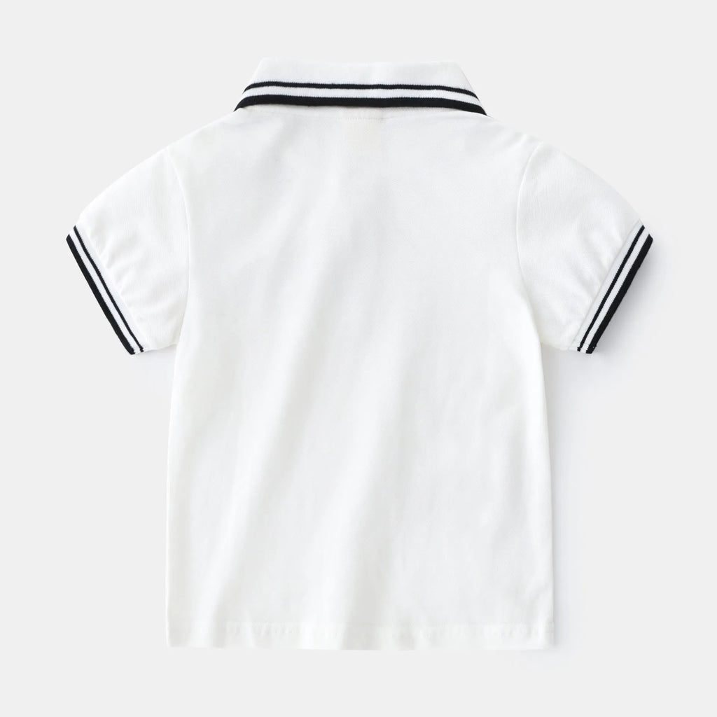 Boys white or black cotton polo shirt with round neck and short sleeves for summer