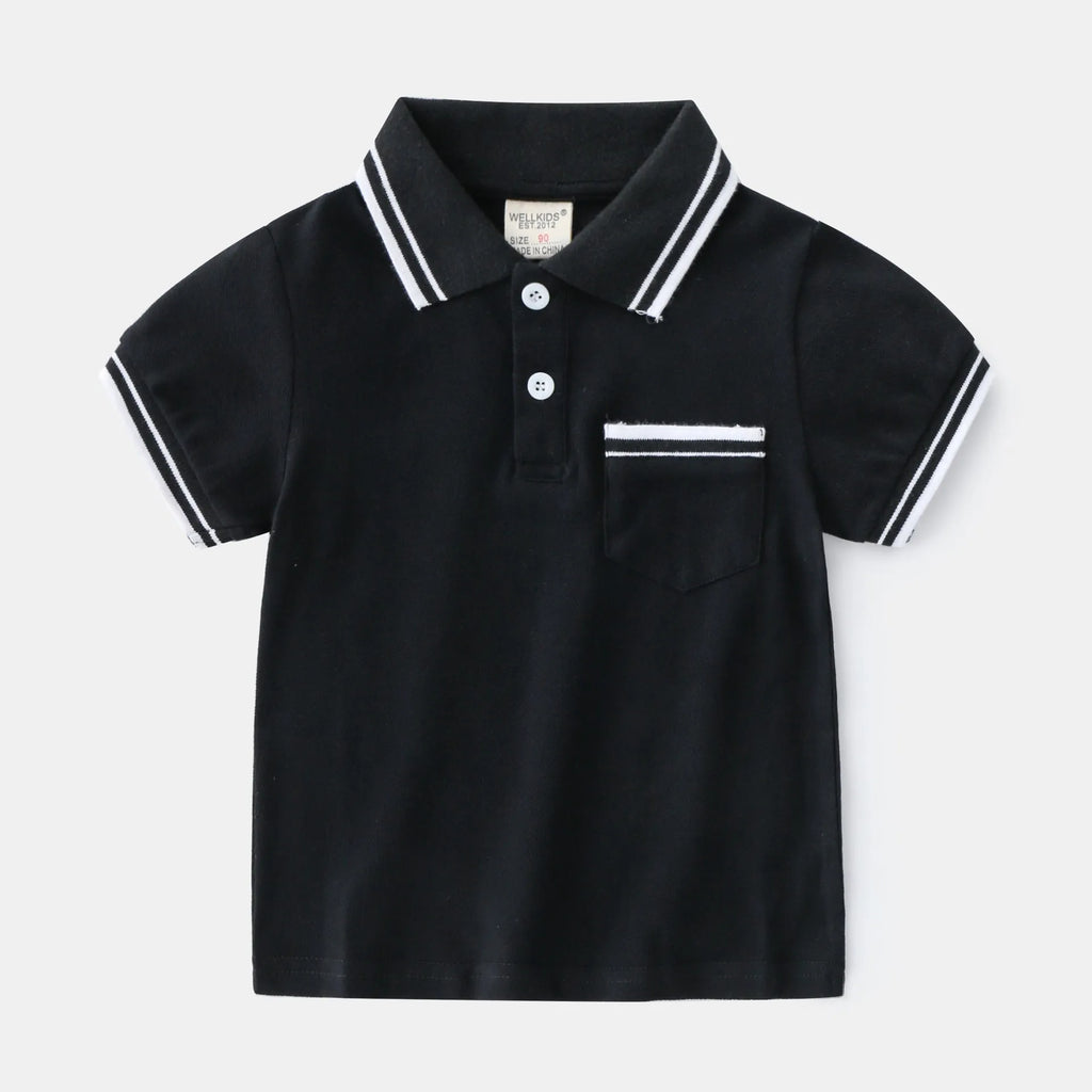 Boys white or black cotton polo shirt with round neck and short sleeves for summer