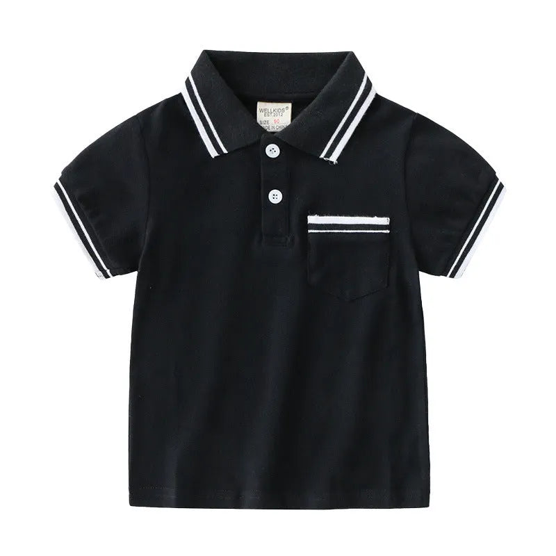Boys white or black cotton polo shirt with round neck and short sleeves for summer