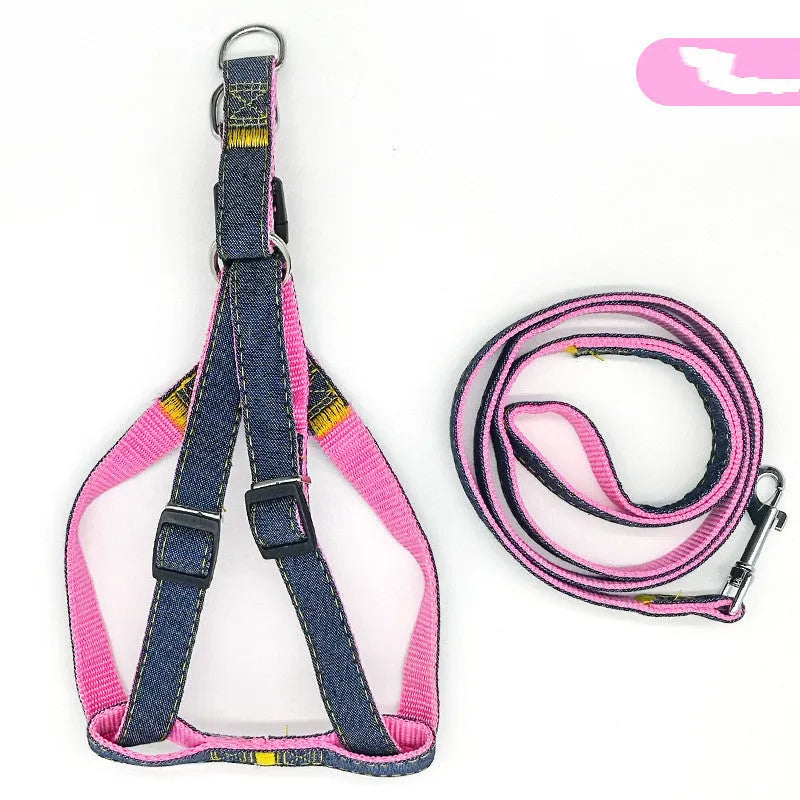Denim and nylon dog traction rope harness with 120cm lead, available in black, blue, pink, and red, four sizes