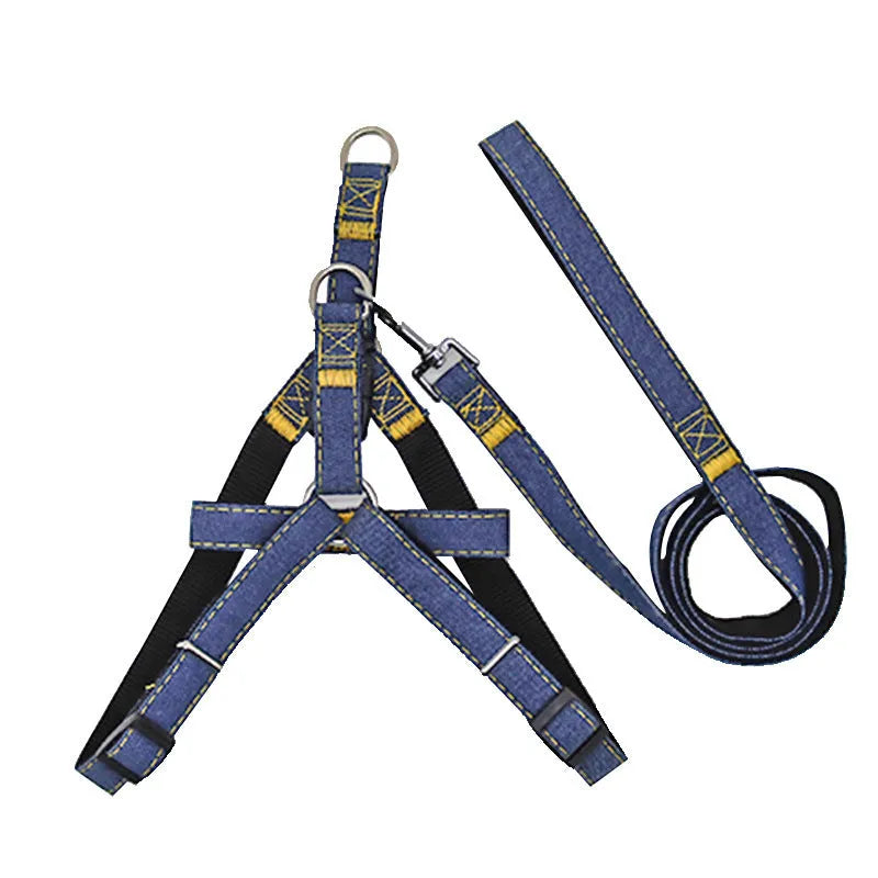 Denim and nylon dog traction rope harness with 120cm lead, available in black, blue, pink, and red, four sizes