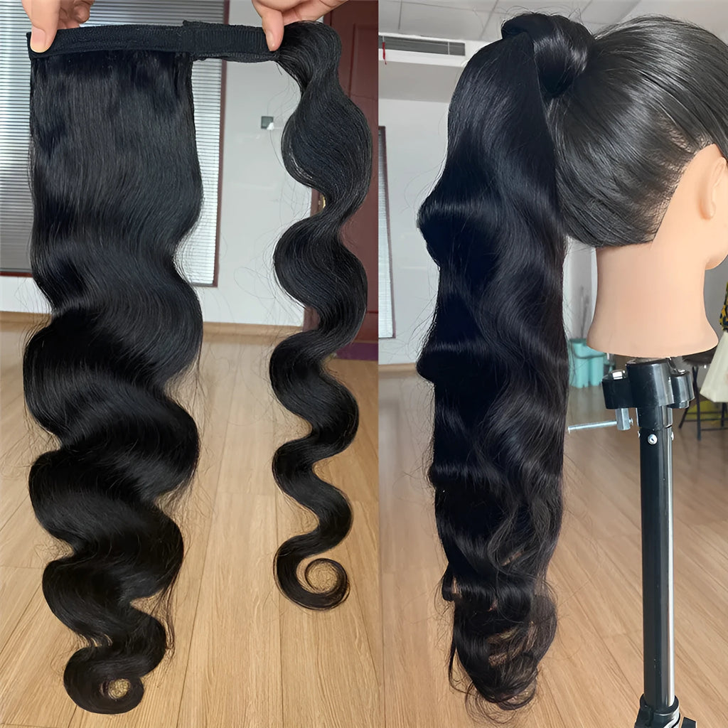 Black real human hair bandage bundled ponytail extension from Wig Jurchen available in 40-70cm lengths