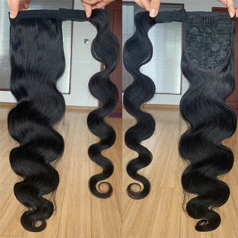 Black real human hair bandage bundled ponytail extension from Wig Jurchen available in 40-70cm lengths