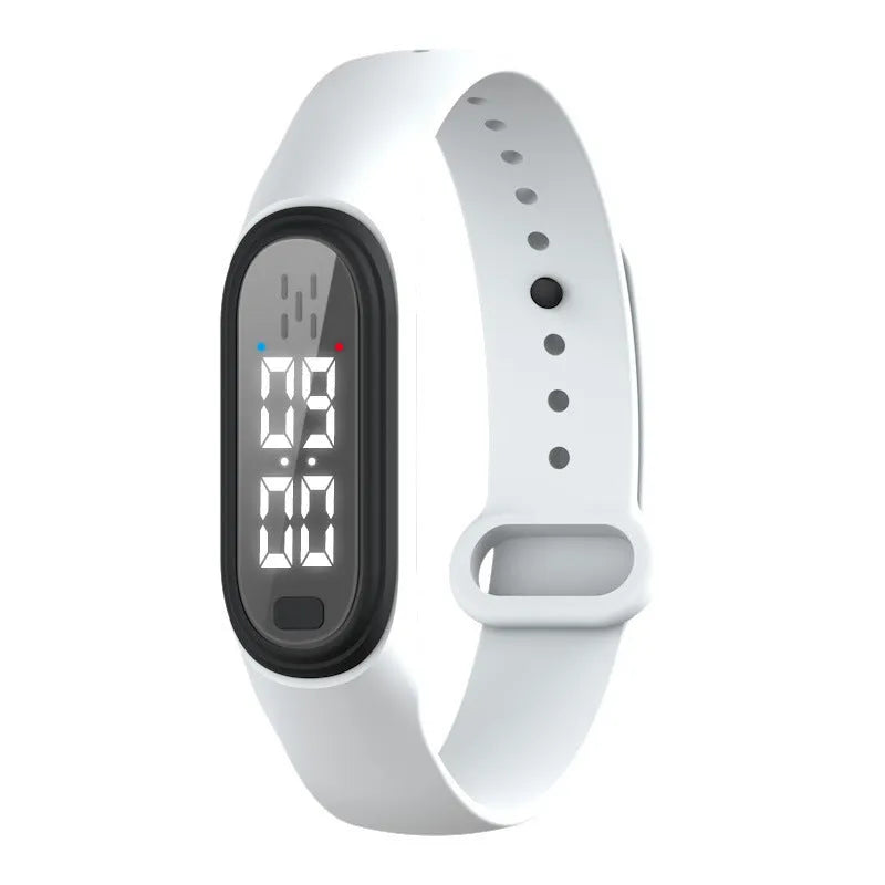 Ultrasonic electronic anti-mosquito repellent bracelet watch in black, white, blue, or pink colours.