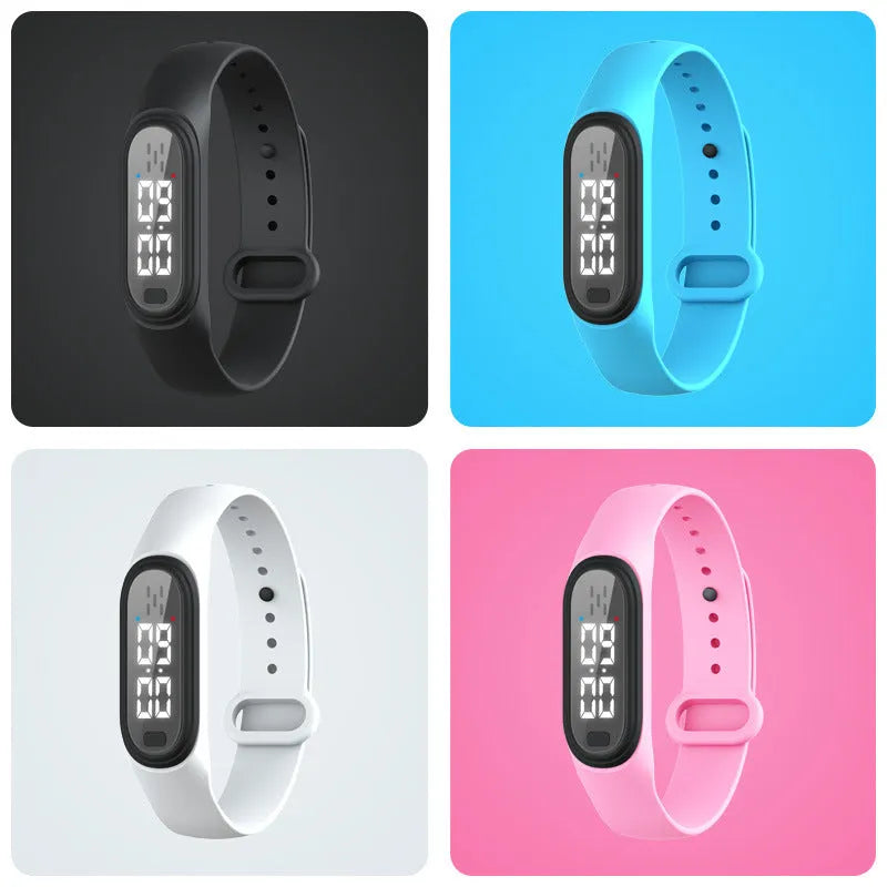 Ultrasonic electronic anti-mosquito repellent bracelet watch in black, white, blue, or pink colours.