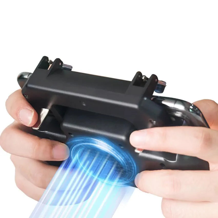 5 in 1 mobile gaming controller with cooling fan and power bank, clamp design for Apple and Android phones, metal build