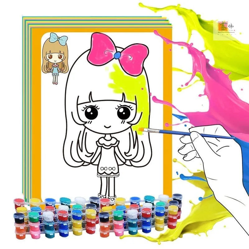 Children's one-time color-filling gouache painting drawing board with 50 paintings, pigments, pens, and palette, 19x27 cm
