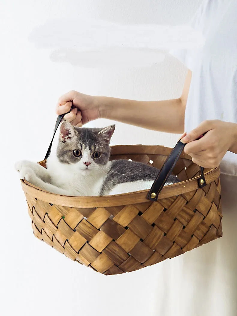 Hand-woven bamboo rattan cat bed with cushion, three sizes available