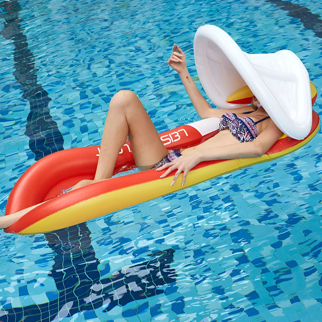 Inflatable floating bed with detachable canopy, PVC, 160 x 84 cm, blue or red, for lake, beach, or pool