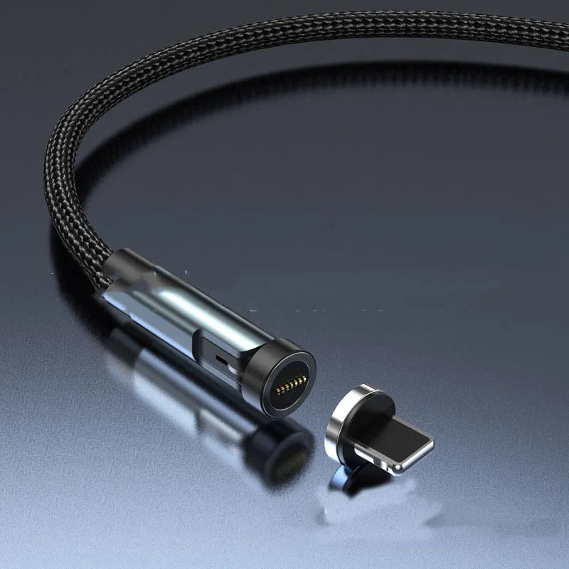 Black magnetic charging cable with rotating Apple, Android and USB-C connector heads