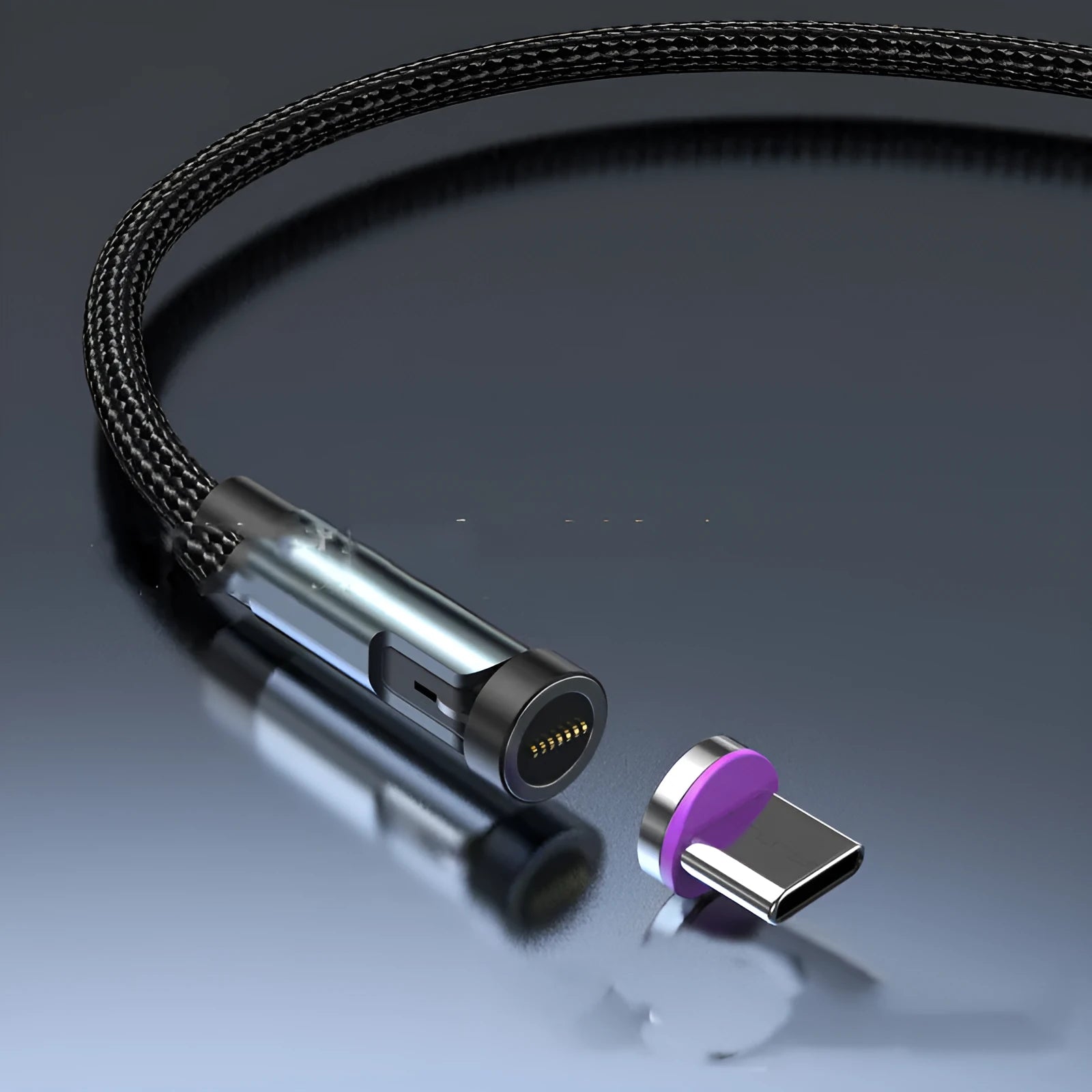 Black magnetic charging cable with rotating Apple, Android and USB-C connector heads