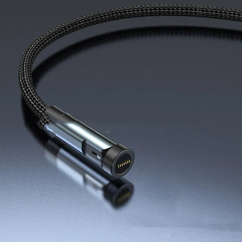 Black magnetic charging cable with rotating Apple, Android and USB-C connector heads