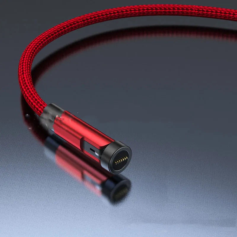 Black magnetic charging cable with rotating Apple, Android and USB-C connector heads