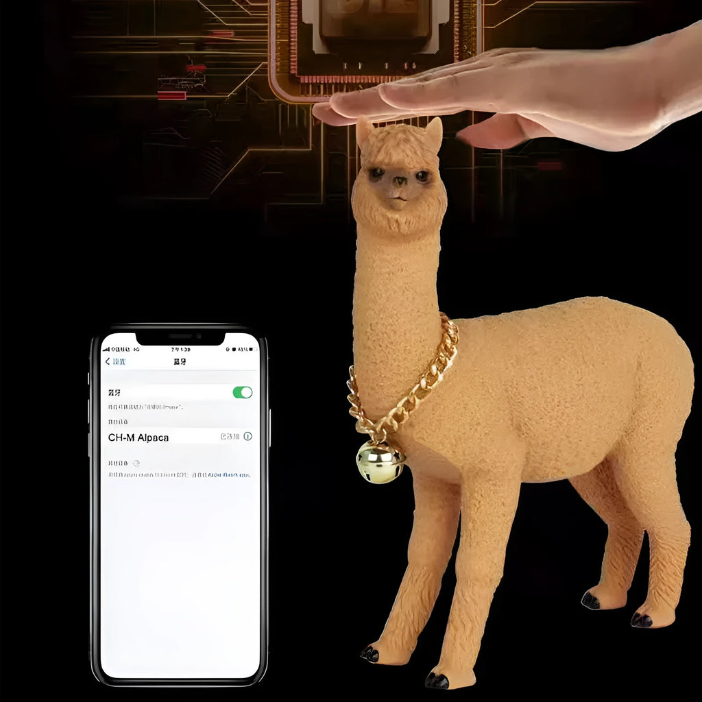 Portable Bluetooth speaker shaped like a brown alpaca with wood base, FM radio, and lanyard