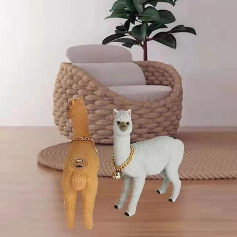 Portable Bluetooth speaker shaped like a brown alpaca with wood base, FM radio, and lanyard